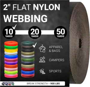 2 Inch Heavy Duty Nylon Webbing Strap Roll for Belt, Backpack, Sling, Collar, Leash, Strapping and More, 10, 20, or 50 Yards, Over 20 Colors