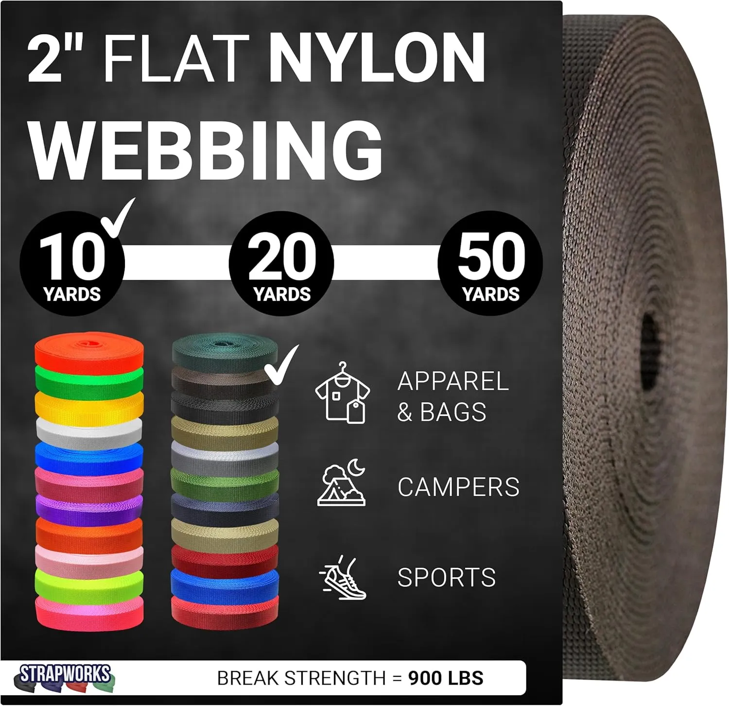 2 Inch Heavy Duty Nylon Webbing Strap Roll for Belt, Backpack, Sling, Collar, Leash, Strapping and More, 10, 20, or 50 Yards, Over 20 Colors