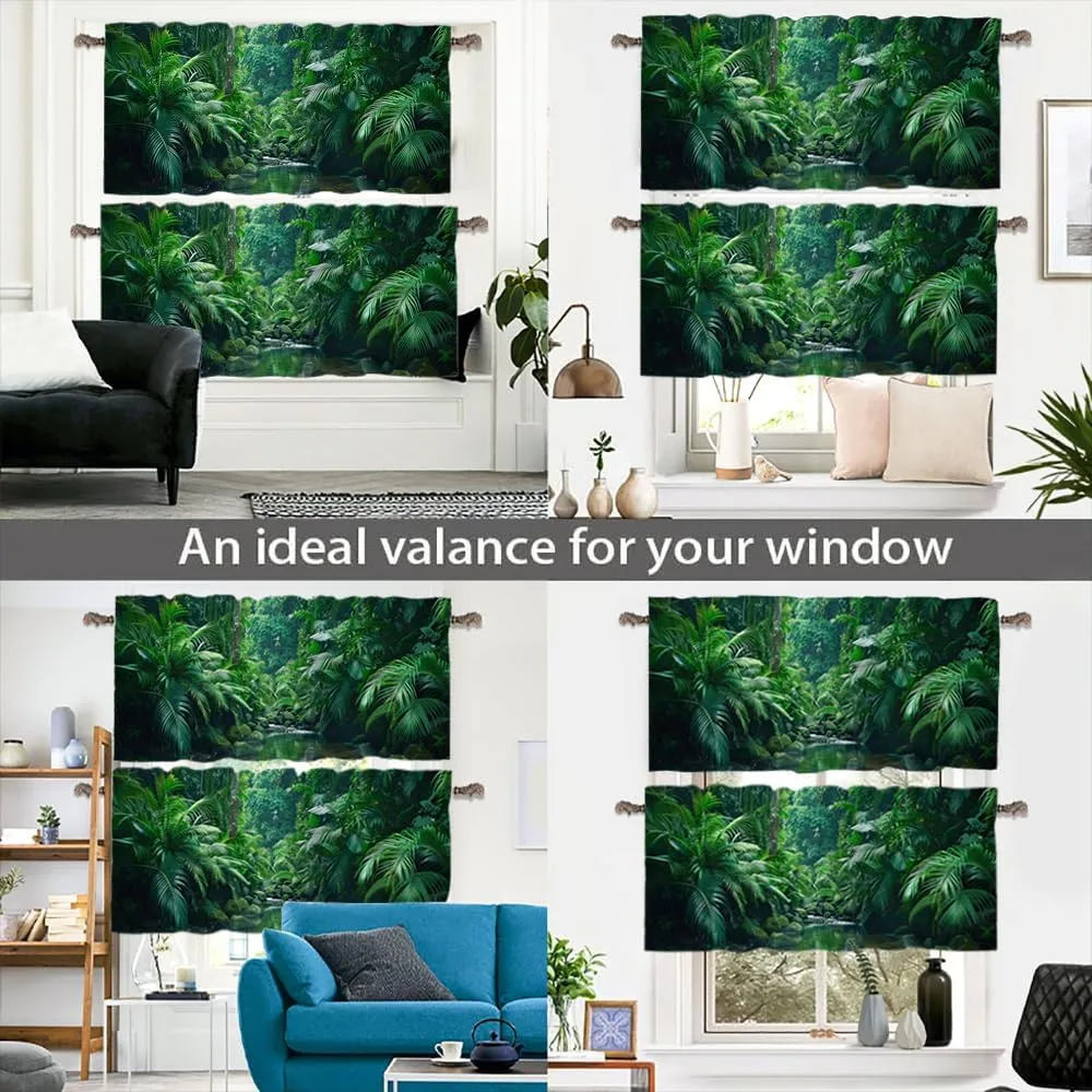 2 Panels Tropical Plant Forest Curtain Valance for Windows, Nature Stream Jungle Tree Rod Pocket Short Window Treatment Decor Drapes for Kitchen, Bathroom, 54" X 18"