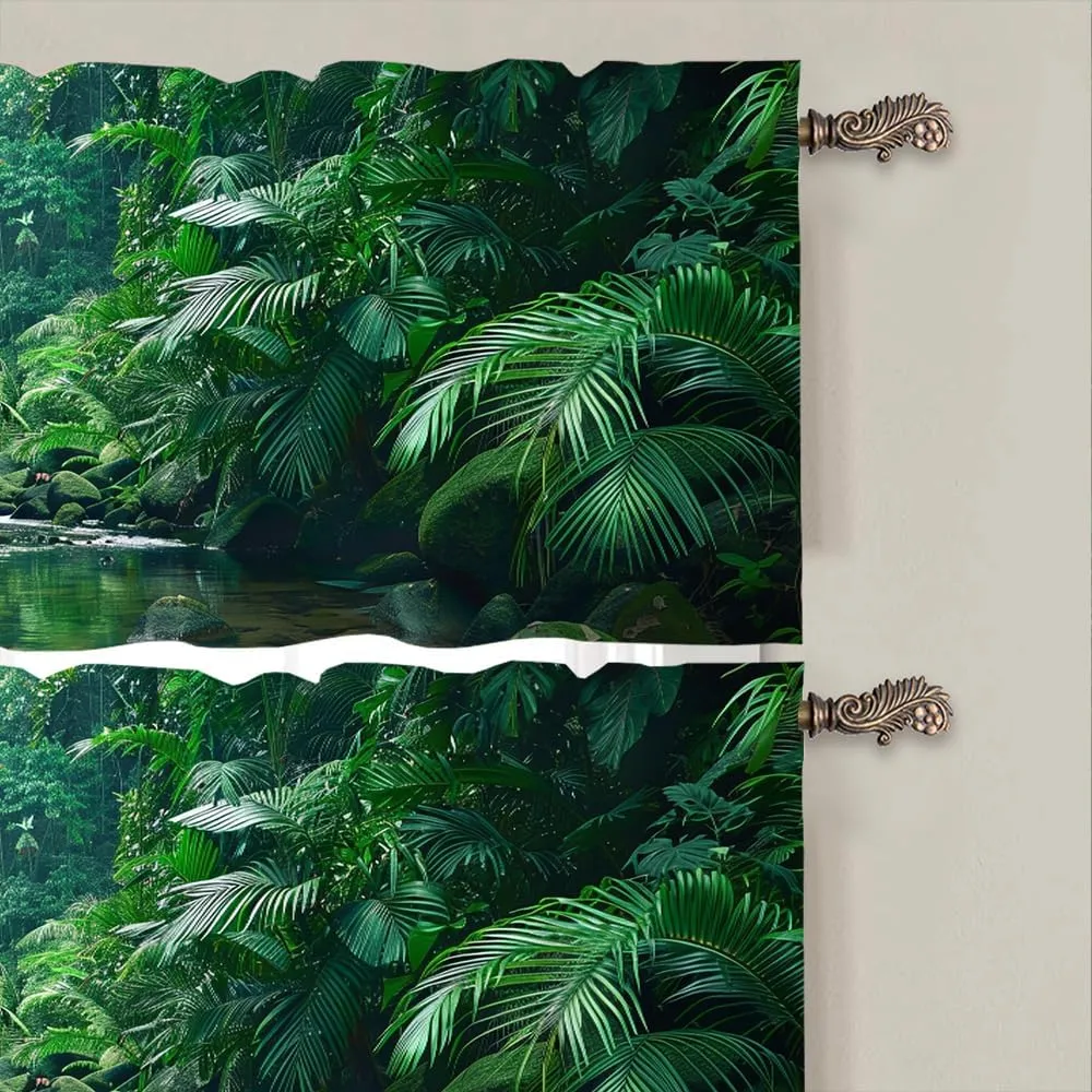 2 Panels Tropical Plant Forest Curtain Valance for Windows, Nature Stream Jungle Tree Rod Pocket Short Window Treatment Decor Drapes for Kitchen, Bathroom, 54" X 18"