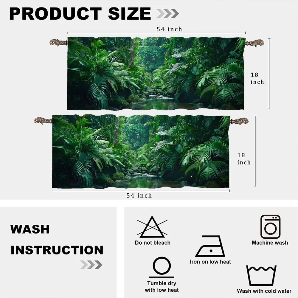 2 Panels Tropical Plant Forest Curtain Valance for Windows, Nature Stream Jungle Tree Rod Pocket Short Window Treatment Decor Drapes for Kitchen, Bathroom, 54" X 18"