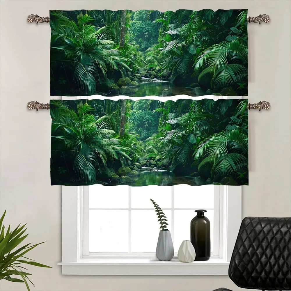 2 Panels Tropical Plant Forest Curtain Valance for Windows, Nature Stream Jungle Tree Rod Pocket Short Window Treatment Decor Drapes for Kitchen, Bathroom, 54" X 18"