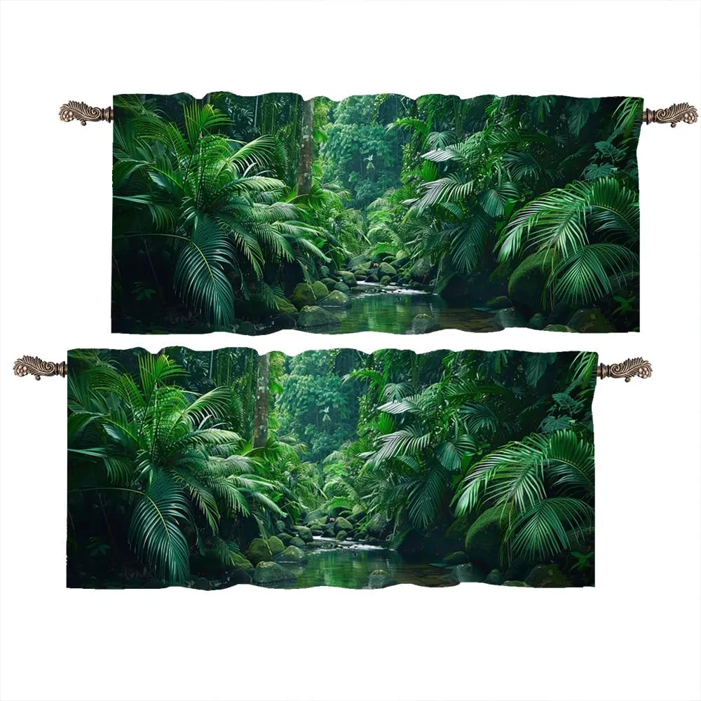 2 Panels Tropical Plant Forest Curtain Valance for Windows, Nature Stream Jungle Tree Rod Pocket Short Window Treatment Decor Drapes for Kitchen, Bathroom, 54" X 18"