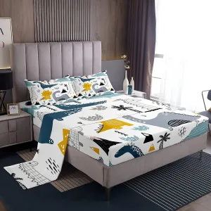 4 Pieces Dinosaur Sheet Set Lovely Animal Fitted Sheet Queen Size Kids Girls Kawaii Dinosaur Bed Sheets Set Dinosaur Sheets Deep Pocket   Child Son Animal World Theme Flat Sheet Decor 2 Pillow Shams