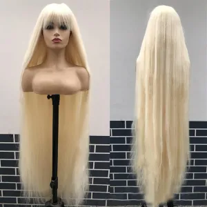 48 Inches Surper Long Straight Wig for Women Flat Bangs Soft Yaki Kinky Wigs for Daily Party Halloween Christmas Cosplay Wig Synthetic Hair Warm Blonde 120CM
