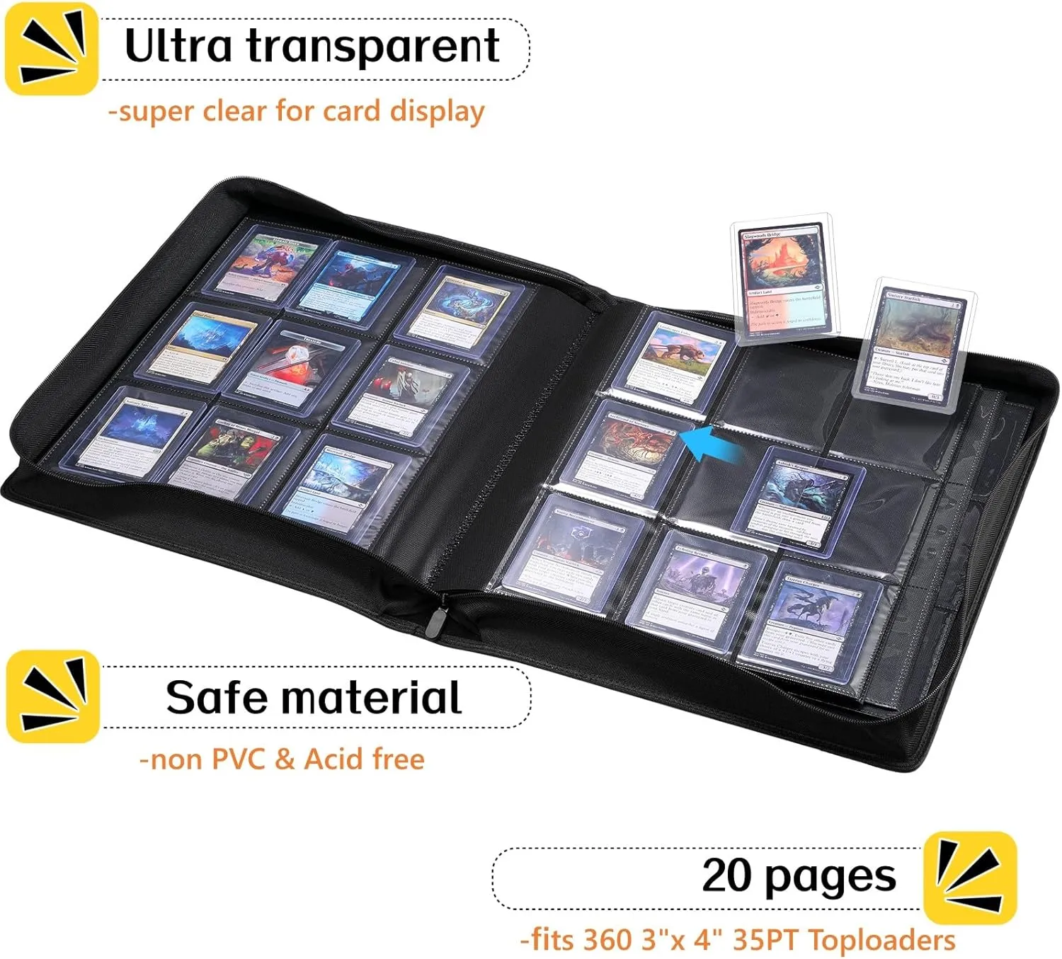9-Pocket Trading Card Toploader Binder, Holds 360 3"x 4" 35PT Toploaders, Card Collection Albums with Sleeves for Sports Cards and Trading Card in 3 x 4" Rigid Card Holder-Grey