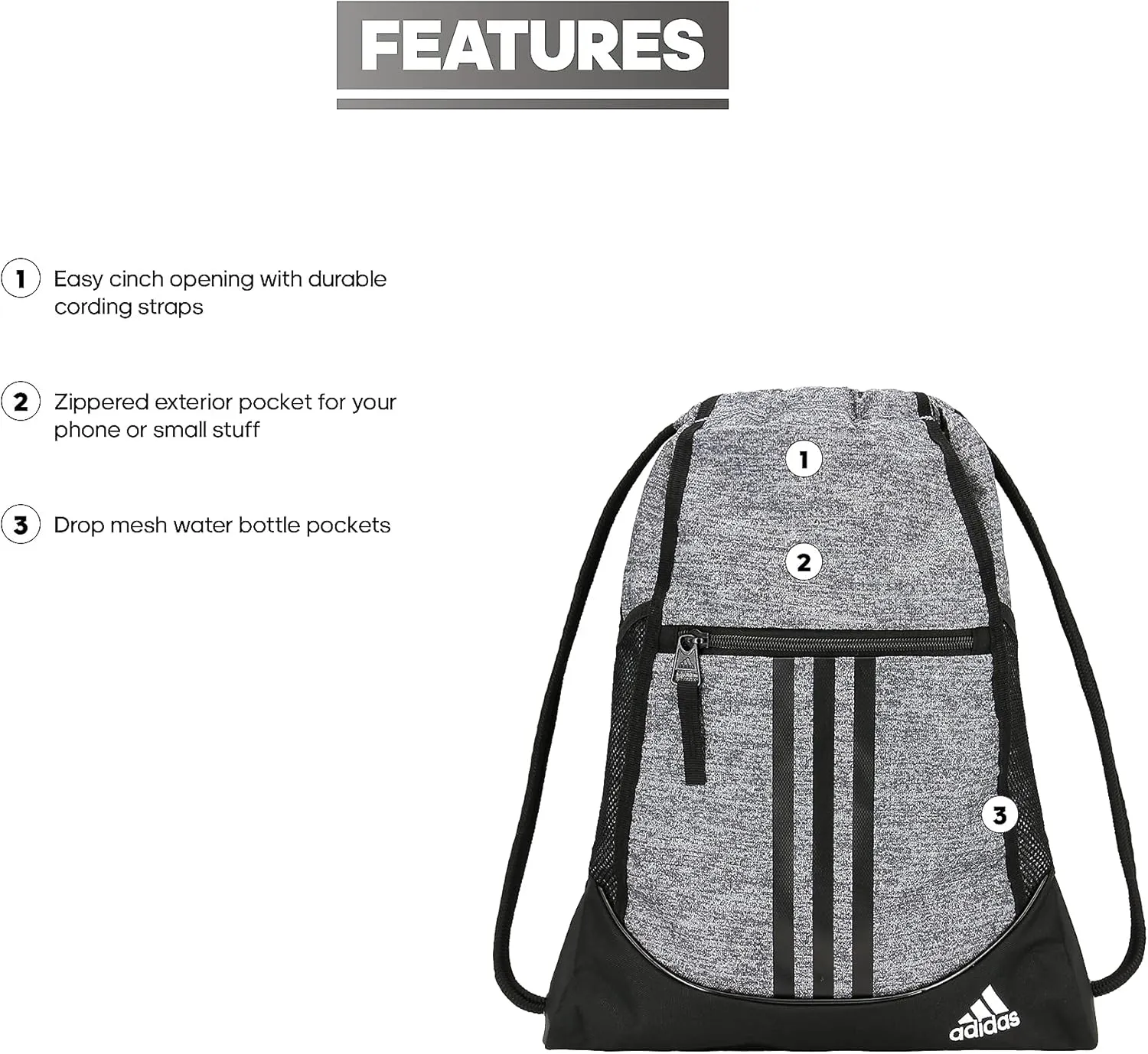 adidas Alliance Sackpack, Drawstring, Lightweight Small Gym Bag for Women, Soccer Backpack, Jersey Onix Grey/Black/White, One Size