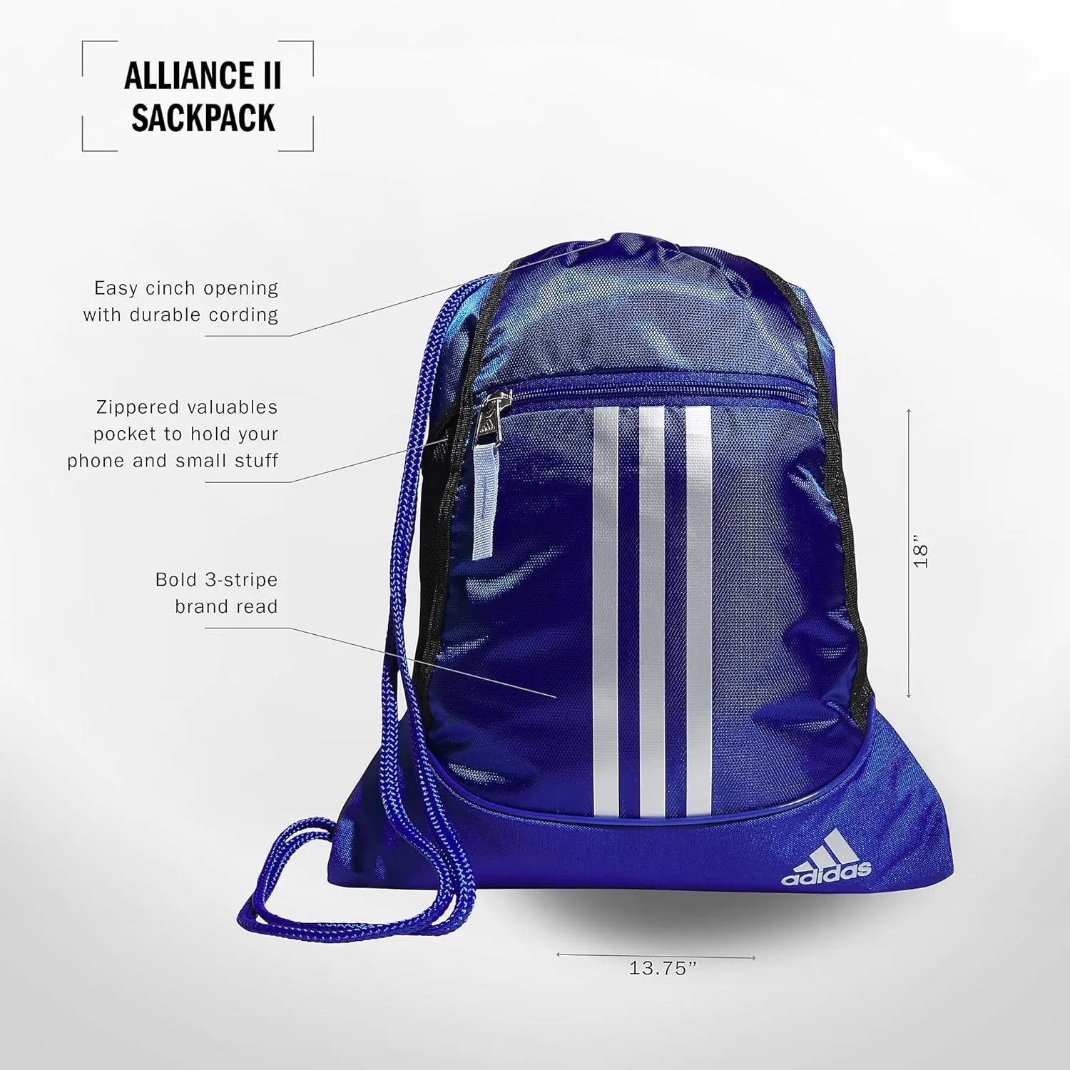 adidas Alliance Sackpack, Drawstring, Lightweight Small Gym Bag for Women, Soccer Backpack, Semi Lucid Blue/Silver Metallic/Blue Spark, One Size