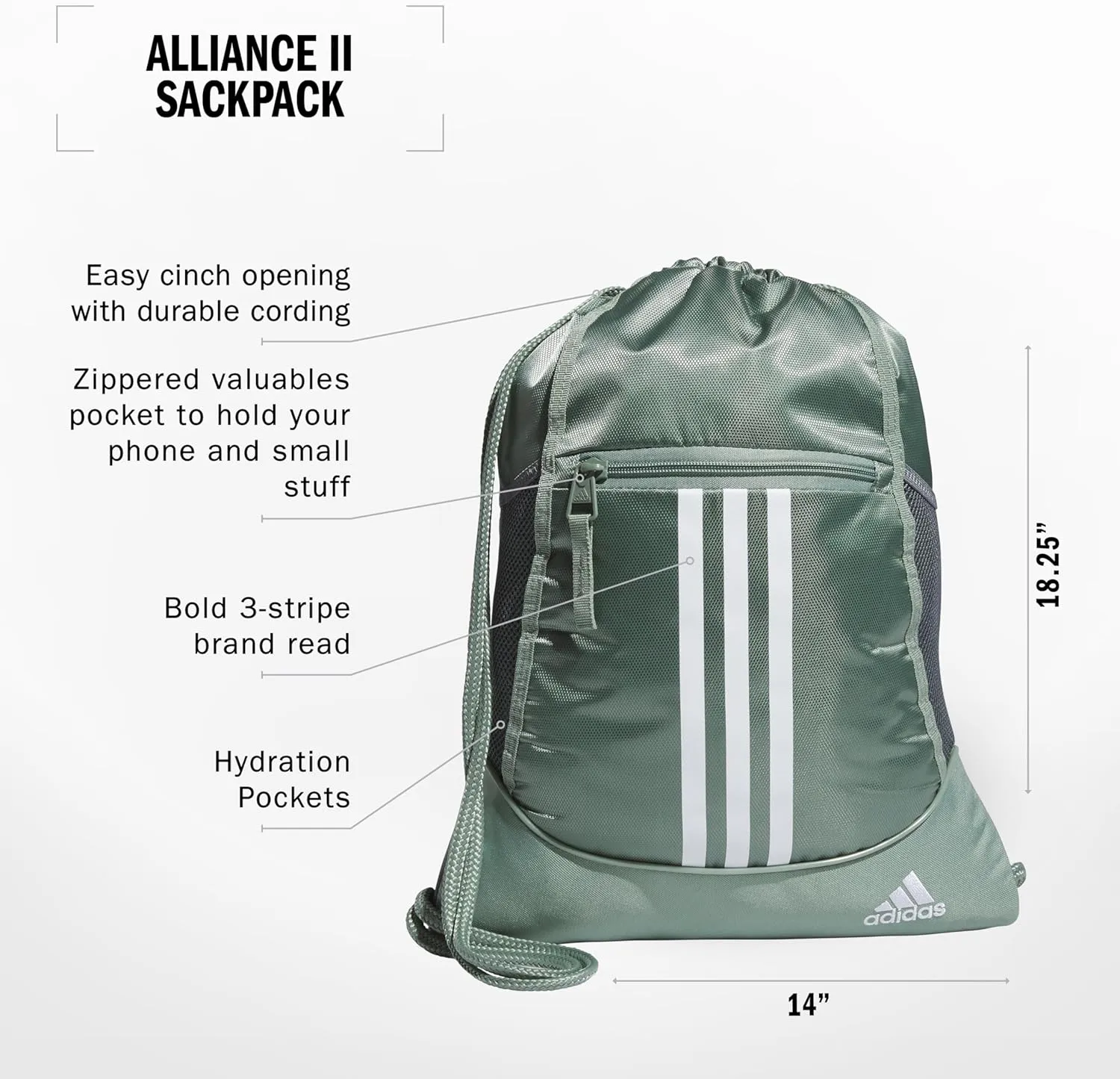 adidas Alliance Sackpack, Drawstring, Lightweight Small Gym Bag for Women, Soccer Backpack, Silver Green/White/Onix Grey, One Size
