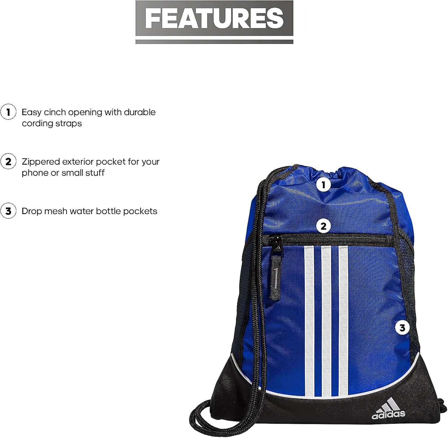 adidas Alliance Sackpack, Drawstring, Lightweight Small Gym Bag for Women, Soccer Backpack, Team Royal Blue/Blue, One Size