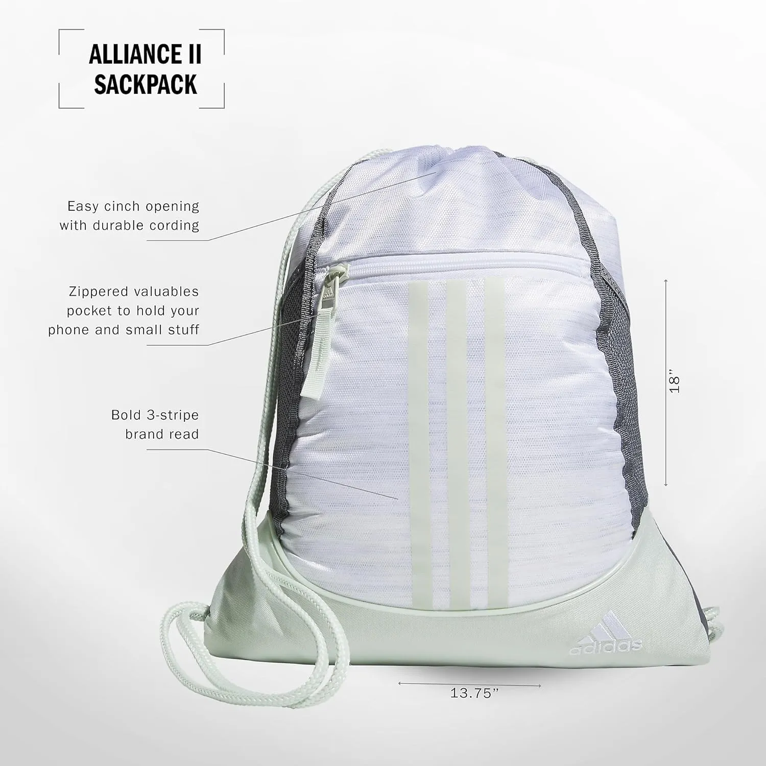 adidas Alliance Sackpack, Drawstring, Lightweight Small Gym Bag for Women, Soccer Backpack, Two Tone White-Clear Onix/Linen Green, One Size