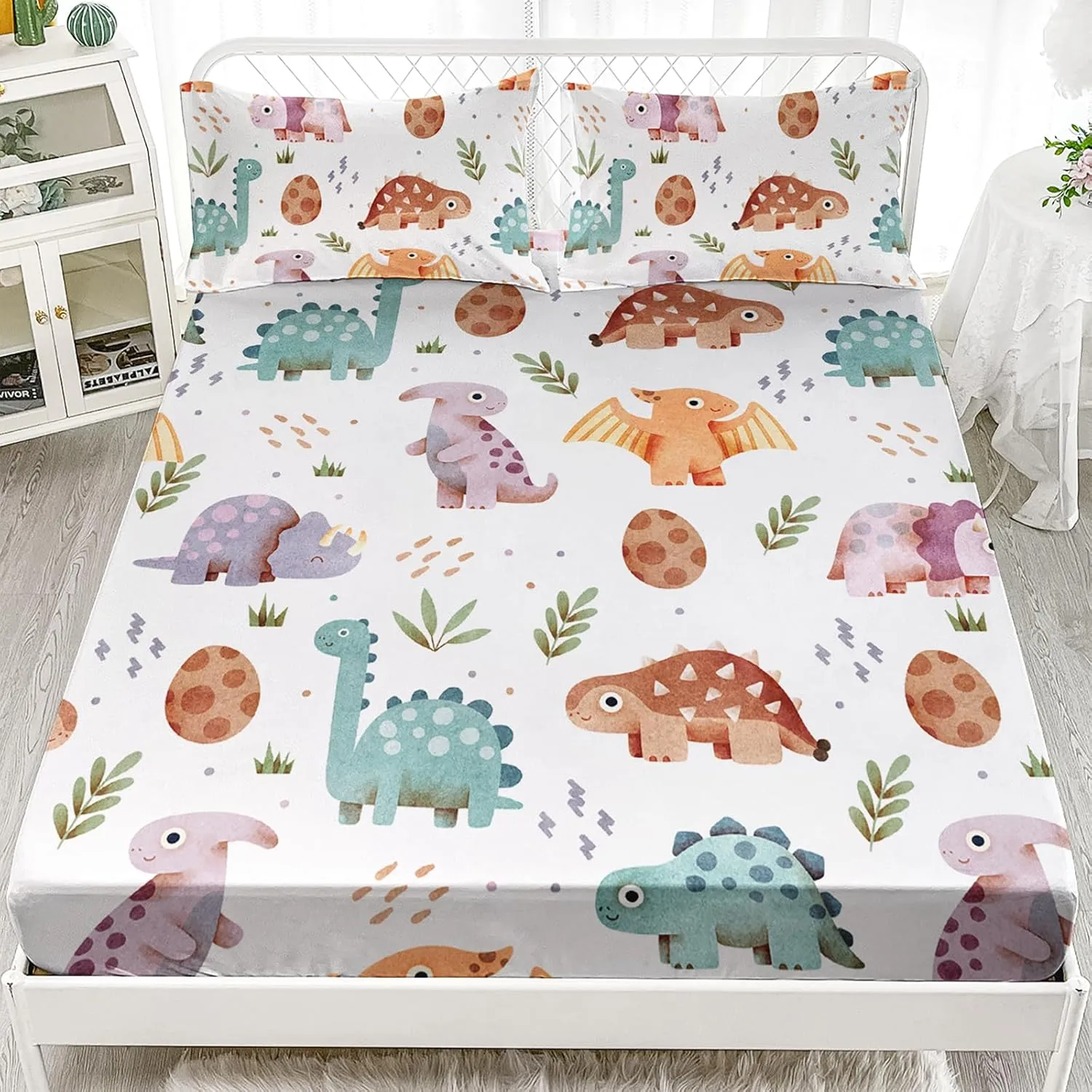 AILONEN Kids Kawaii Dinosaur Fitted Sheet Set Twin XL,3Pcs Cute Cartoon Dino Bedding Set for Boys Girls,Tropical Jungle Animals Print Fitted Sheet & 2 Pillowcases