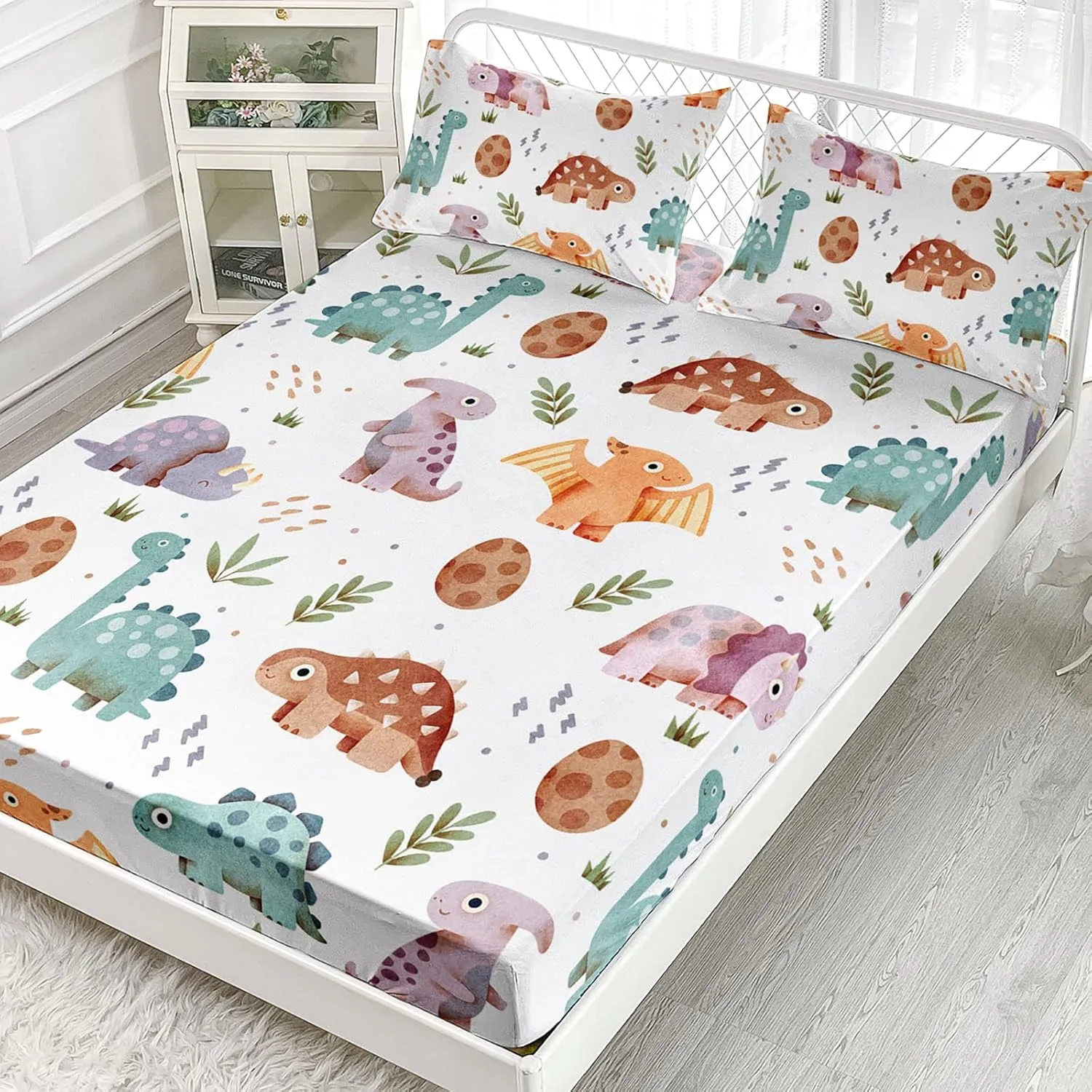 AILONEN Kids Kawaii Dinosaur Fitted Sheet Set Twin XL,3Pcs Cute Cartoon Dino Bedding Set for Boys Girls,Tropical Jungle Animals Print Fitted Sheet & 2 Pillowcases