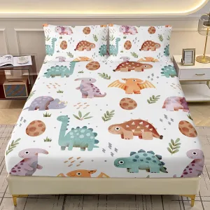 AILONEN Kids Kawaii Dinosaur Fitted Sheet Set Twin XL,3Pcs Cute Cartoon Dino Bedding Set for Boys Girls,Tropical Jungle Animals Print Fitted Sheet & 2 Pillowcases