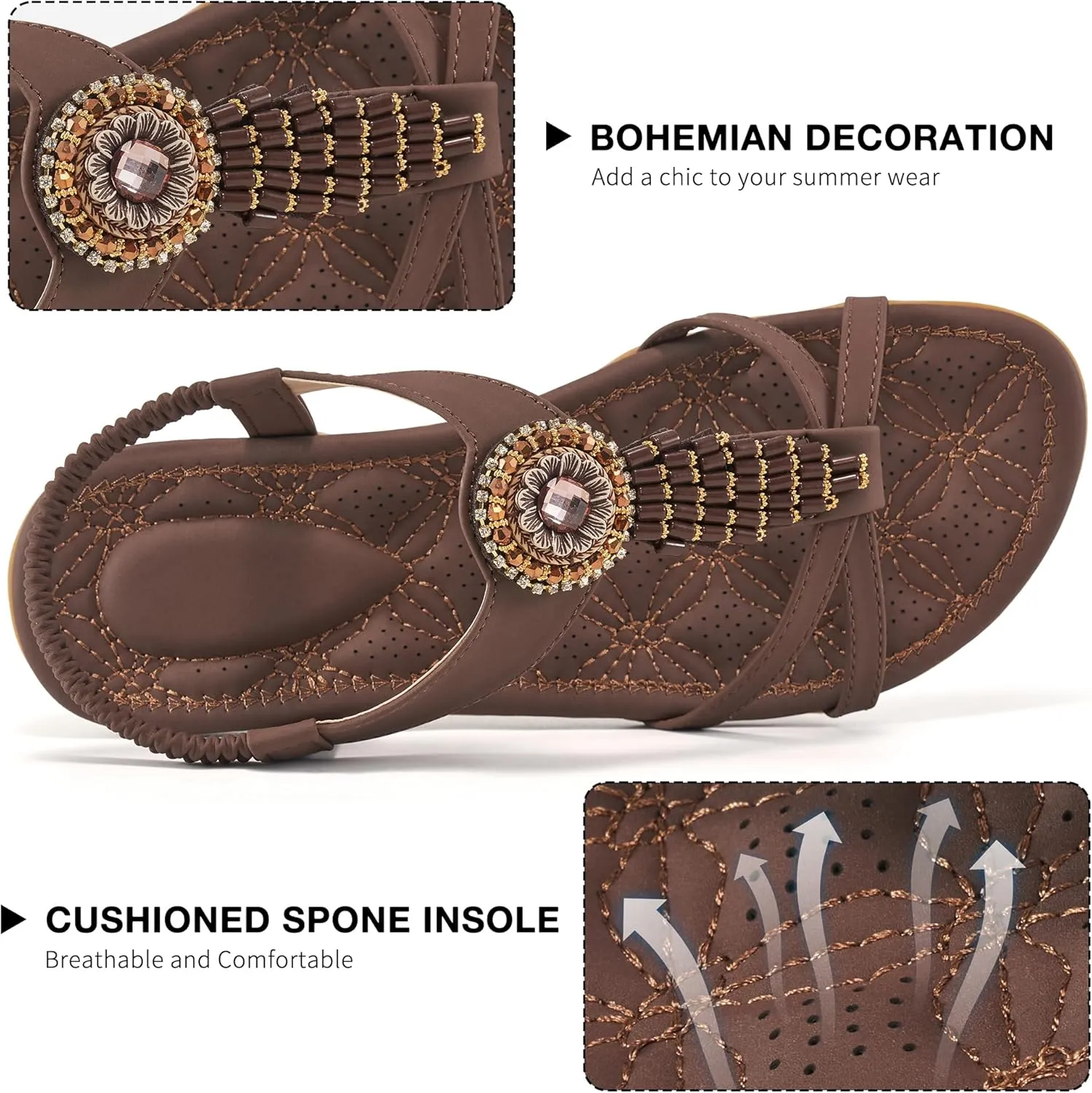 Alicegana Women's Flat Sandals Dressy Summer Comfortable Bohemian Walking Beach Travel Shoes