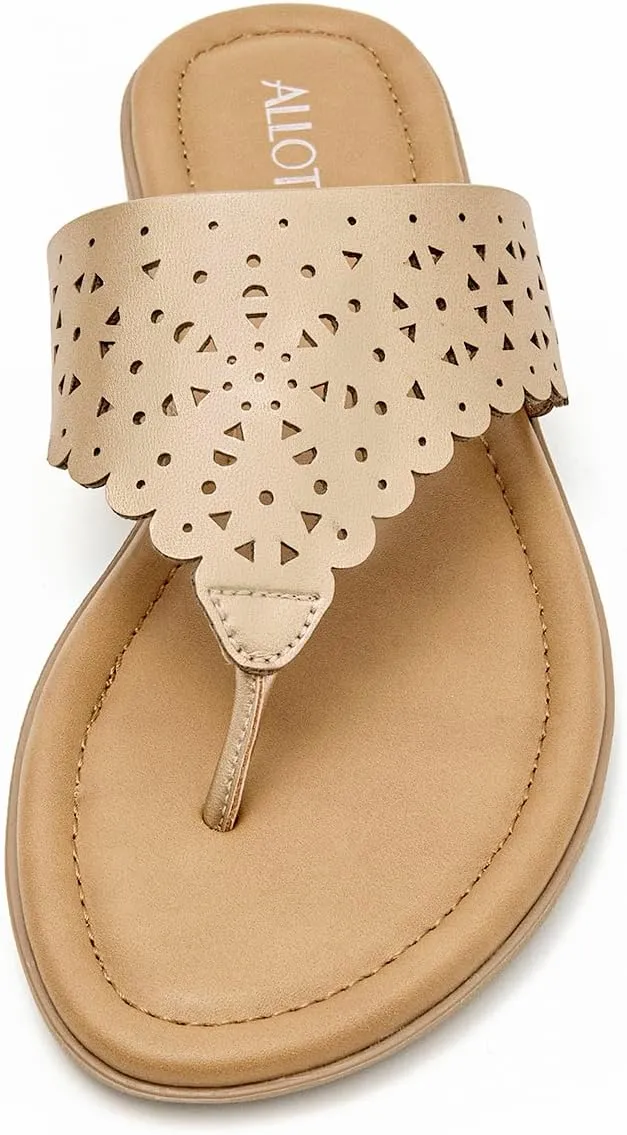 ALLOT Women's Flat Sandals T-Strap Thong Flip Flops Comfortable Summer Beach Shoes