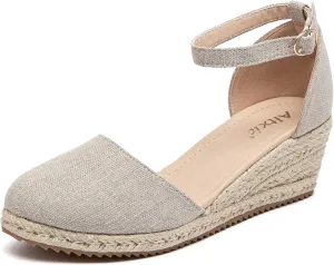 Altxic Women's Closed Toe Canvas Ankle Strap Espadrilles Wedge Sandals
