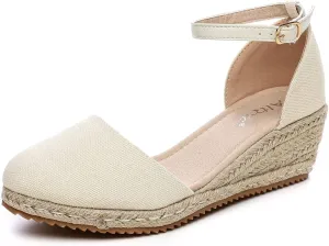 Altxic Women's Closed Toe Canvas Ankle Strap Espadrilles Wedge Sandals
