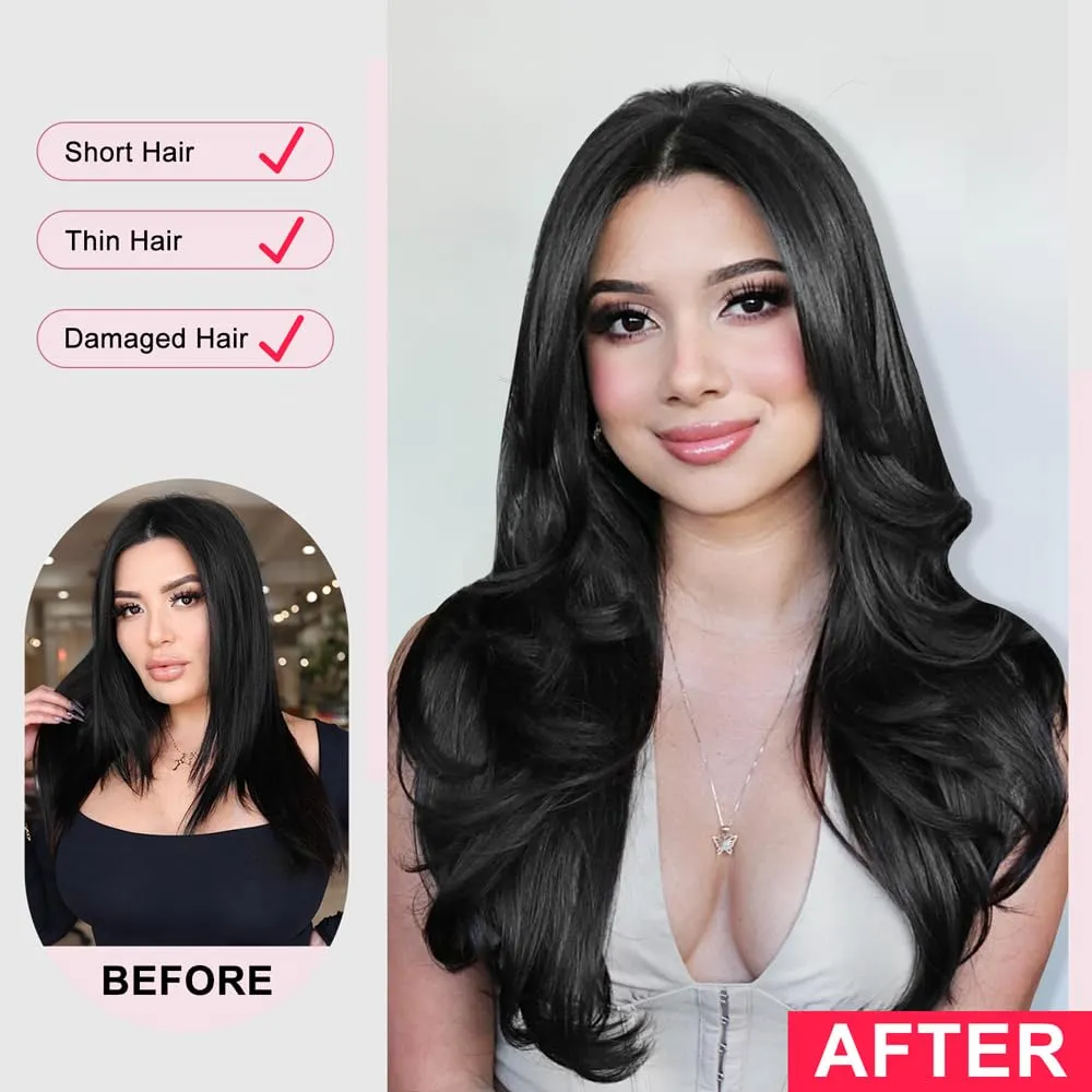 ALXNAN Long Wavy Hair Extensions for Women, Clip in Hair Extensions Clip Ins Soft Full Head Synthetic Hairpieces 20 Inch Dark Brown