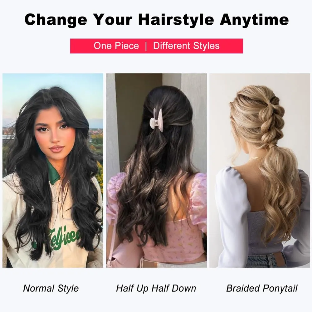 ALXNAN Long Wavy Hair Extensions for Women, Clip in Hair Extensions Clip Ins Soft Full Head Synthetic Hairpieces 20 Inch Dark Brown