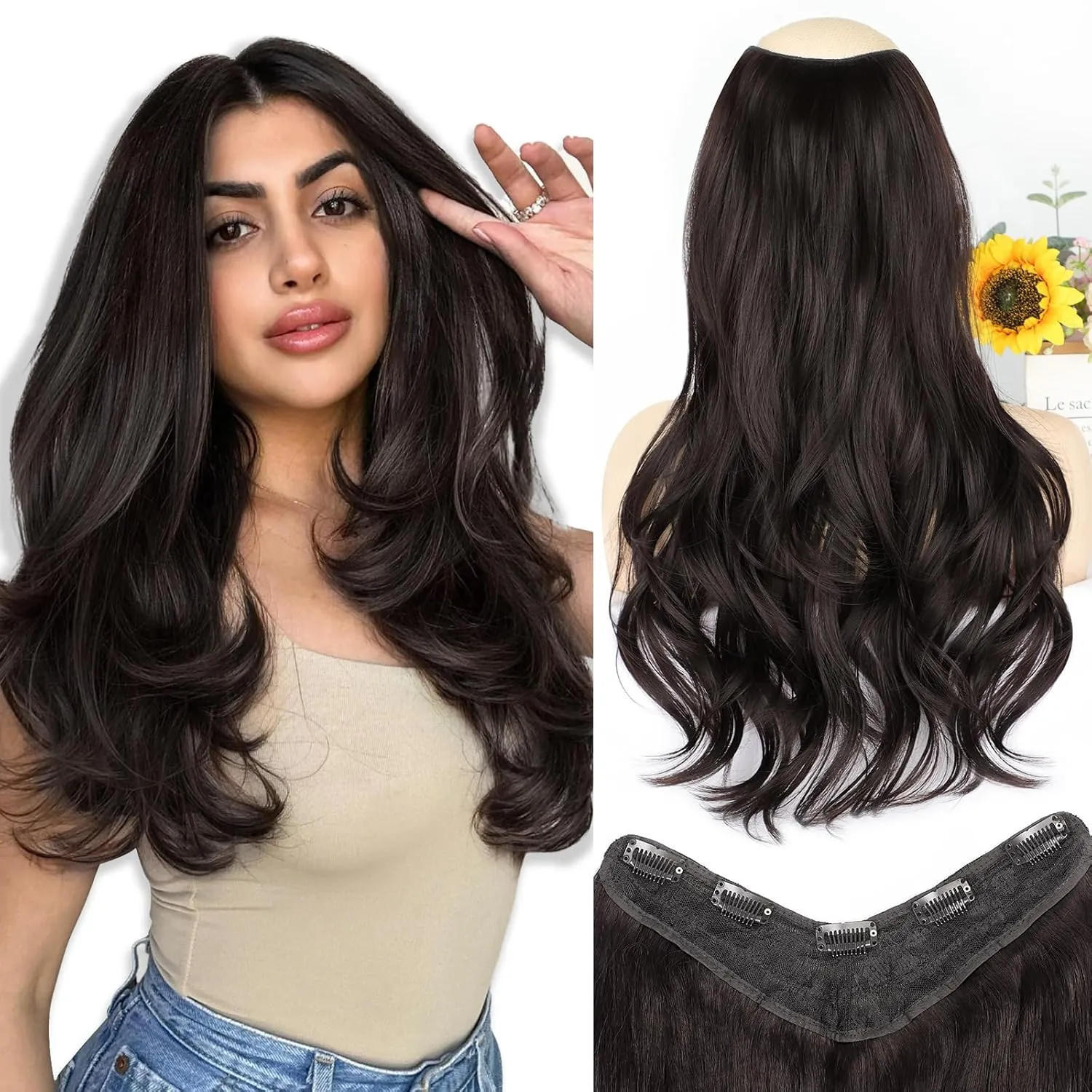 ALXNAN Long Wavy Hair Extensions for Women, Clip in Hair Extensions Clip Ins Soft Full Head Synthetic Hairpieces 20 Inch Dark Brown
