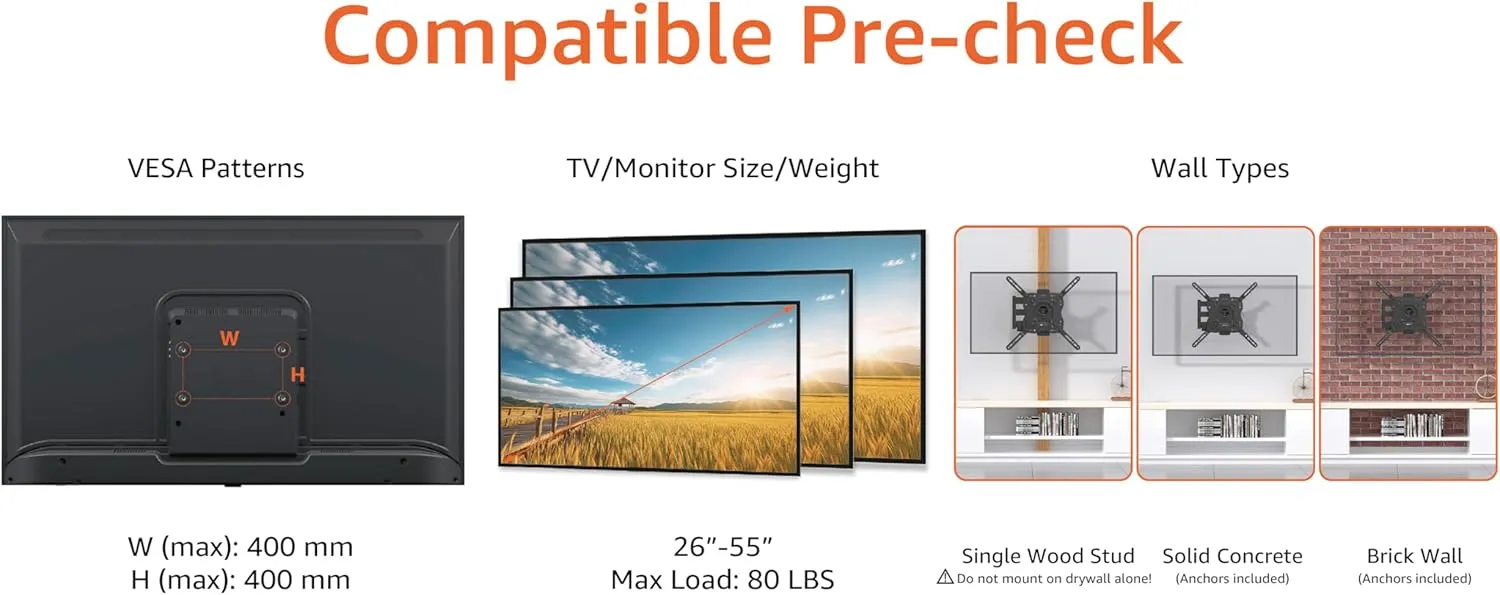 Amazon Basics Full Motion Articulating TV Monitor Wall Mount for 26" to 55" TVs and Flat Panels up to 80 Lbs, Black