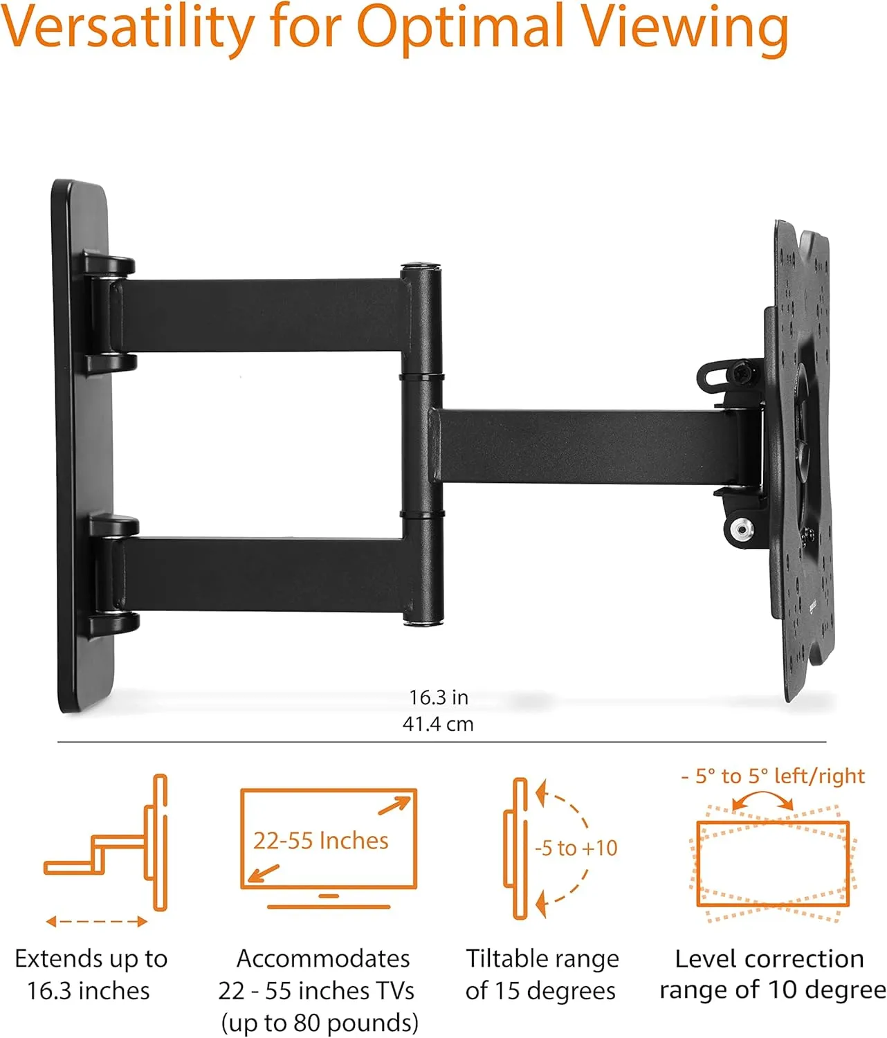 Amazon Basics Full Motion Articulating TV Monitor Wall Mount for 26" to 55" TVs and Flat Panels up to 80 Lbs, Black