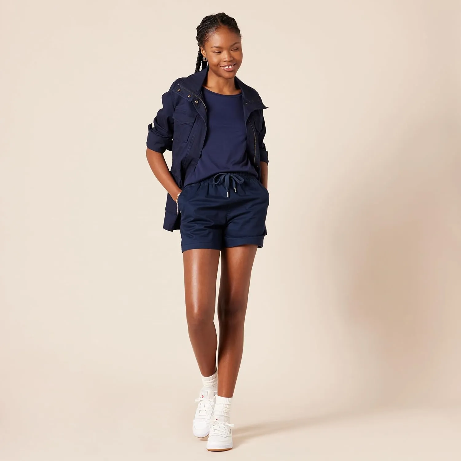 Amazon Essentials Women's Stretch Cotton Mid-Rise Pull-On Relaxed-Fit Shorts