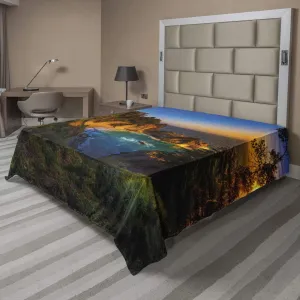 Ambesonne Big Sur Flat Sheet, Carmel California Exotic Scene with McWay Falls and Tropic Botany at Dusk, Soft and Comfortable Top Sheet Decorative Bedding 1 Piece, Full Size, Multicolor