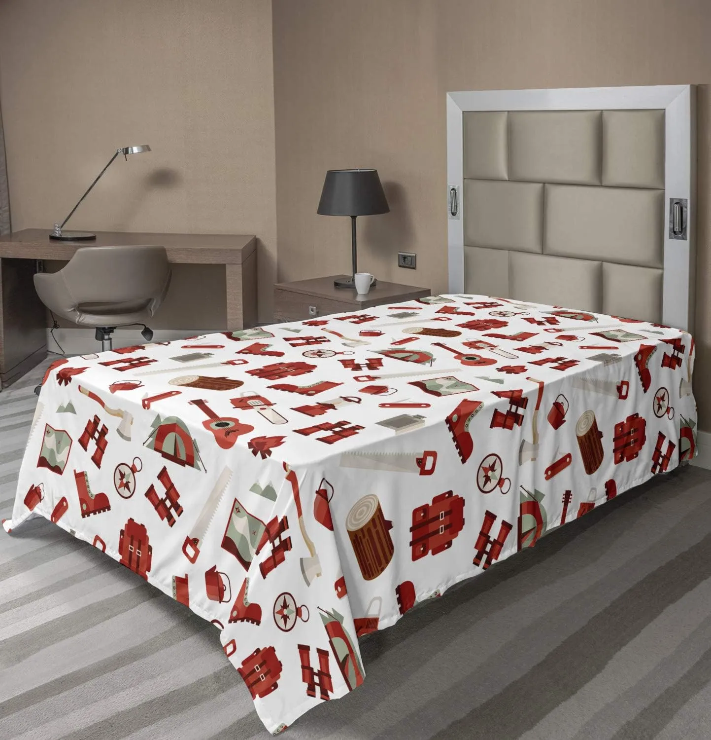Ambesonne Camping Flat Sheet, Lumberjack Elements from Outdoor Leisure Activities in Vinous Tones, Soft Comfortable Top Sheet Decorative Bedding 1 Piece, TwinXL Size, White Vermilion and Brown