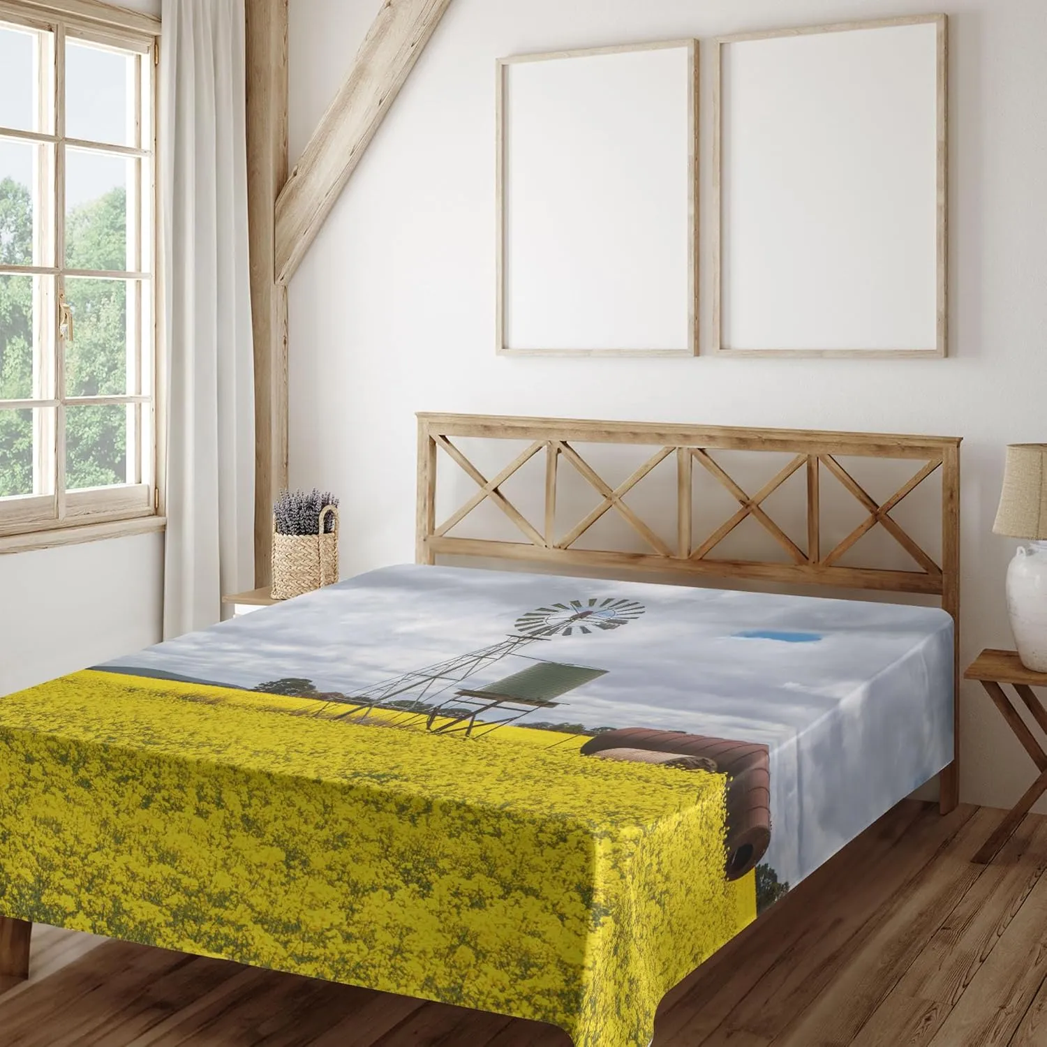 Ambesonne Windmill Flat Sheet, Canola Meadow Stormy Day Victorian Goldfields Agricultural Farmland, Soft and Comfortable Top Sheet Decorative Bedding 1 Piece, Full Size, Yellow Grey and White