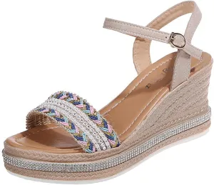 AngryMonkey Women's Espadrille Wedges Platform Sandals Summer Open Toe Ankle Strap Buckle Rhinestones Pearls Braided Dress Shoes with Arch Support