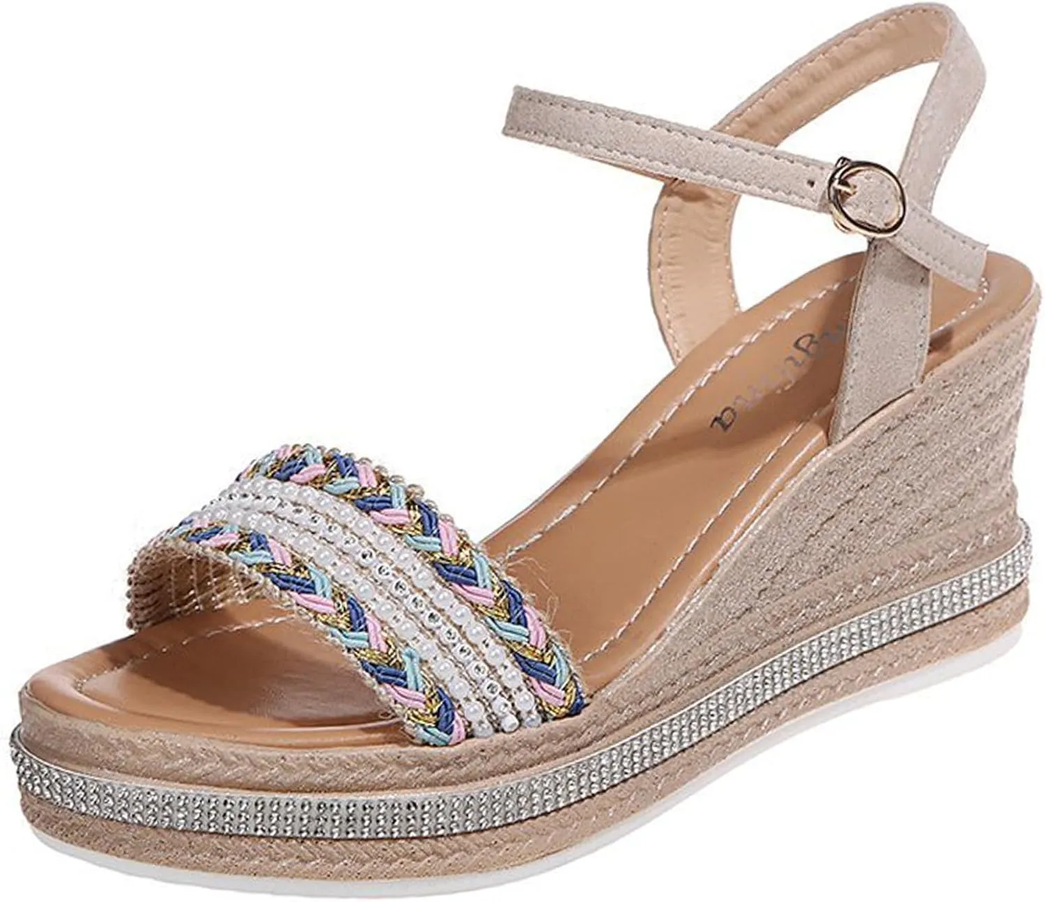 AngryMonkey Women's Espadrille Wedges Platform Sandals Summer Open Toe Ankle Strap Buckle Rhinestones Pearls Braided Dress Shoes with Arch Support