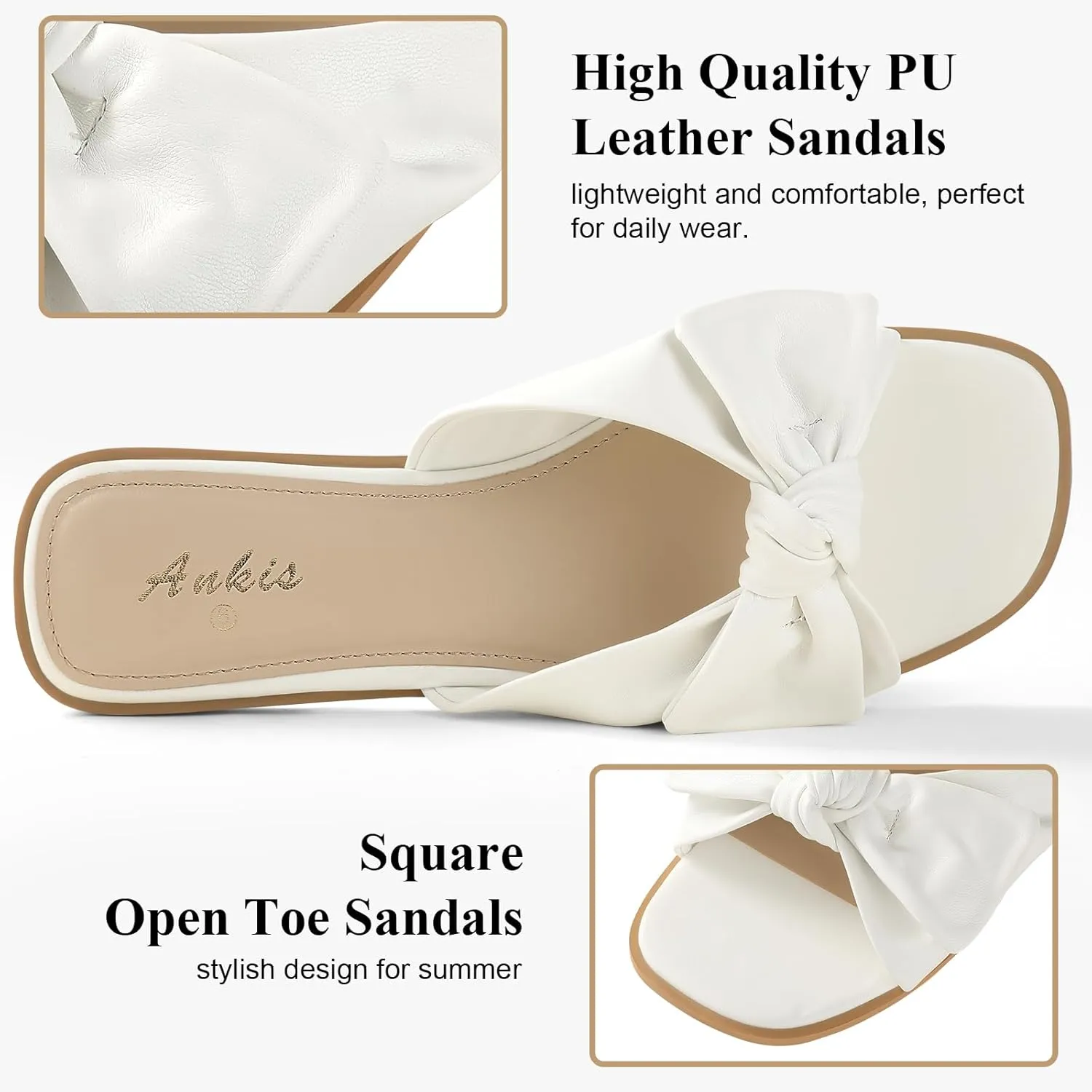 Ankis Womens Black White Flat Sandals for Women Dressy Comfortable Summer Beach Sandals for Women 2025 Cute Bow Square Open Toe Slide Sandals