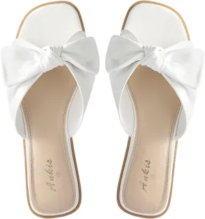 Ankis Womens Black White Flat Sandals for Women Dressy Comfortable Summer Beach Sandals for Women 2025 Cute Bow Square Open Toe Slide Sandals