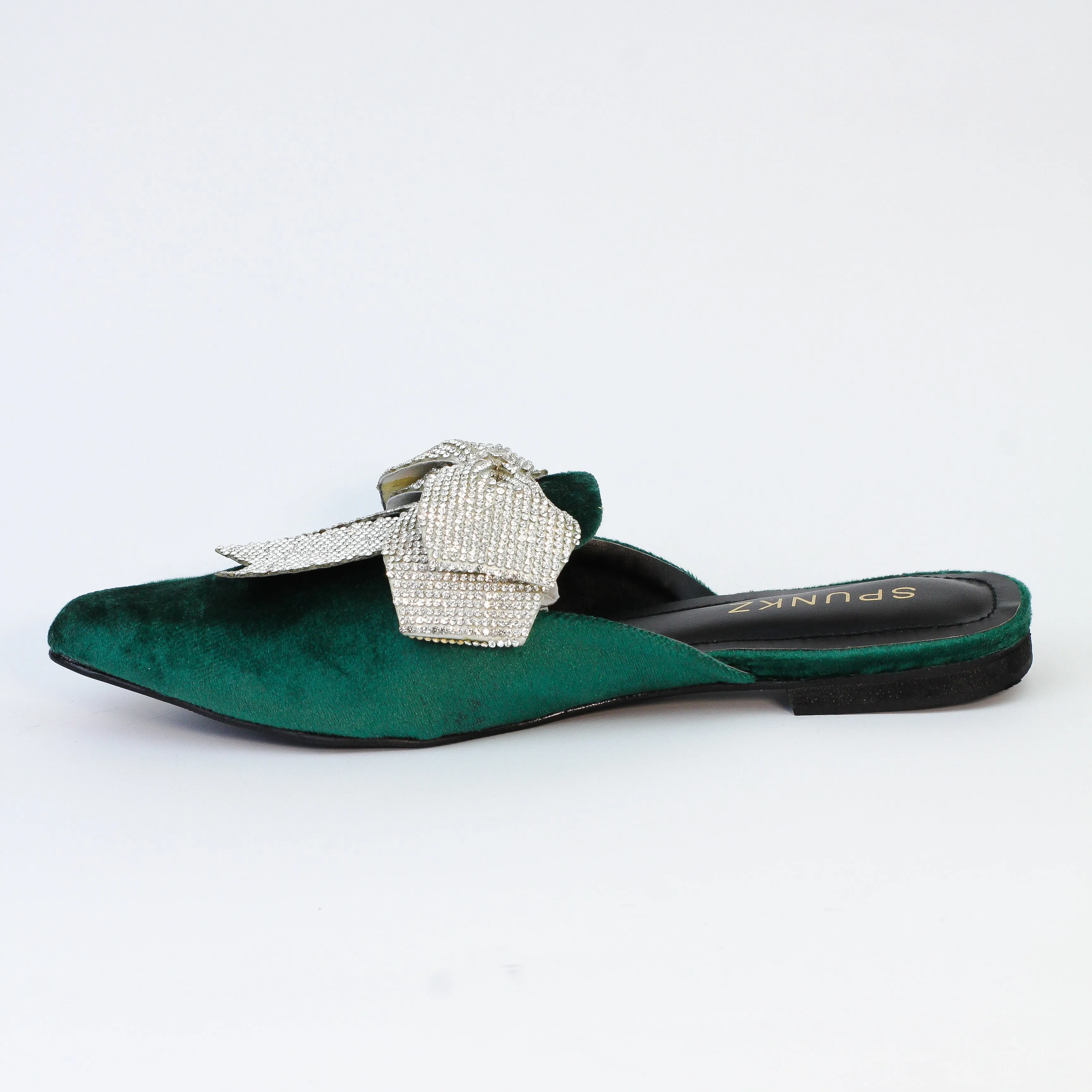 Annabel Green Rhinestone Suede Bow Mules-11029