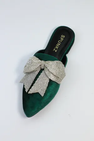 Annabel Green Rhinestone Suede Bow Mules-11029
