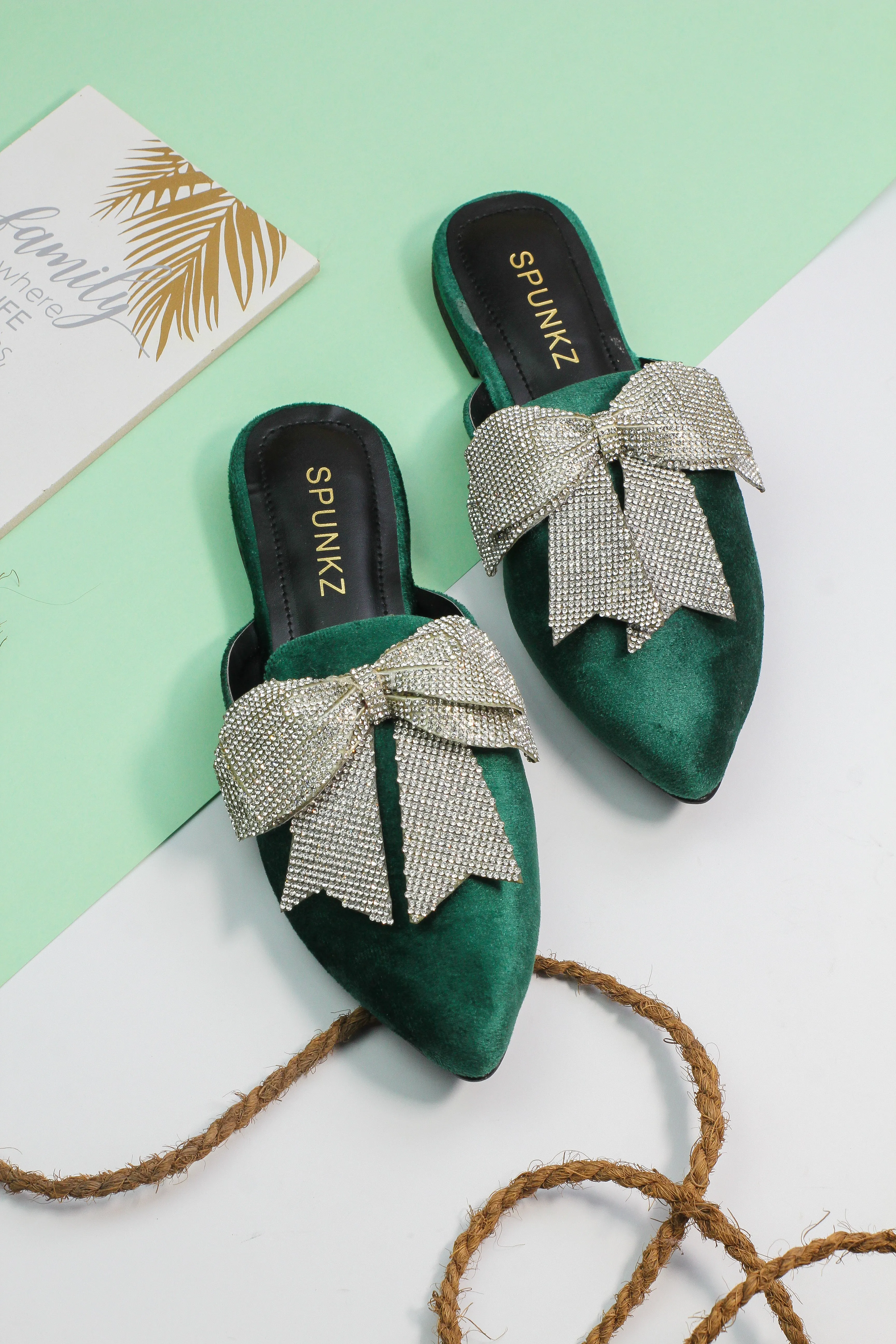 Annabel Green Rhinestone Suede Bow Mules-11029