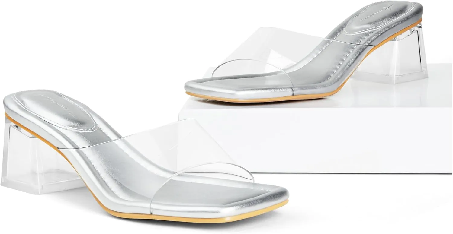 Arromic Women's Block Mule Heeled Sandals Clear Black Nude White Chunky Heels 2 Inches Square Open Toe Slip on Backless Mules Heeled Slippers Dressy Party Prom Wedding Shoes