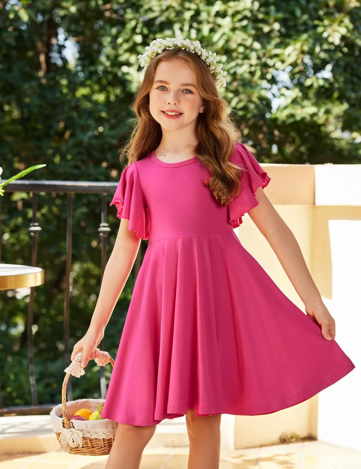 Arshiner Girl's Summer Dresses Ruffle Short Sleeve Swing Flowy Midi Casual Sundress with Pockets