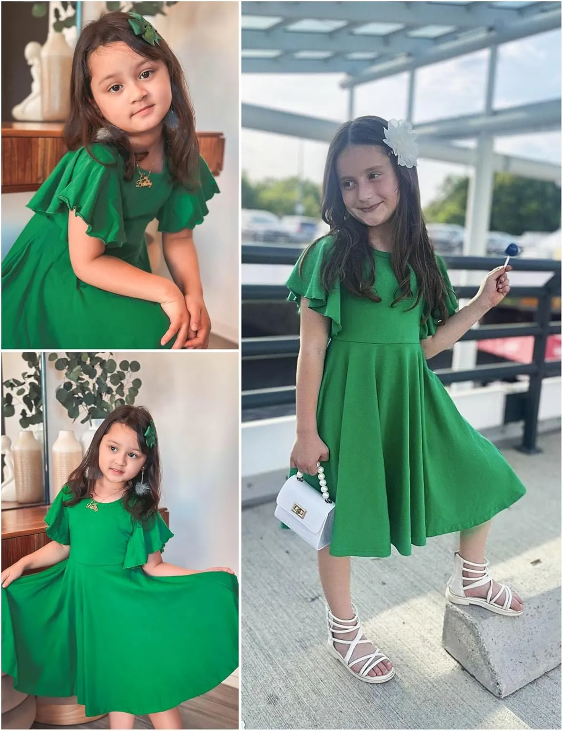Arshiner Girl's Summer Dresses Ruffle Short Sleeve Swing Flowy Midi Casual Sundress with Pockets