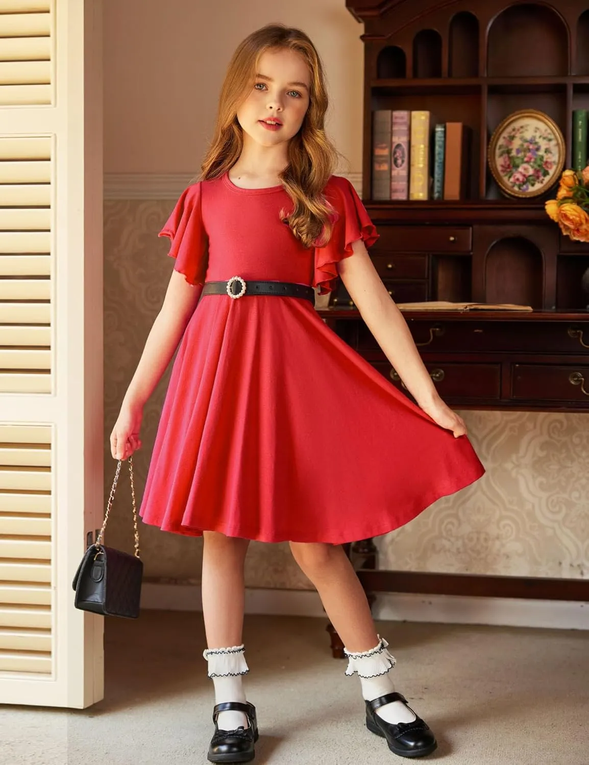 Arshiner Girl's Summer Dresses Ruffle Short Sleeve Swing Flowy Midi Casual Sundress with Pockets