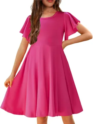 Arshiner Girl's Summer Dresses Ruffle Short Sleeve Swing Flowy Midi Casual Sundress with Pockets