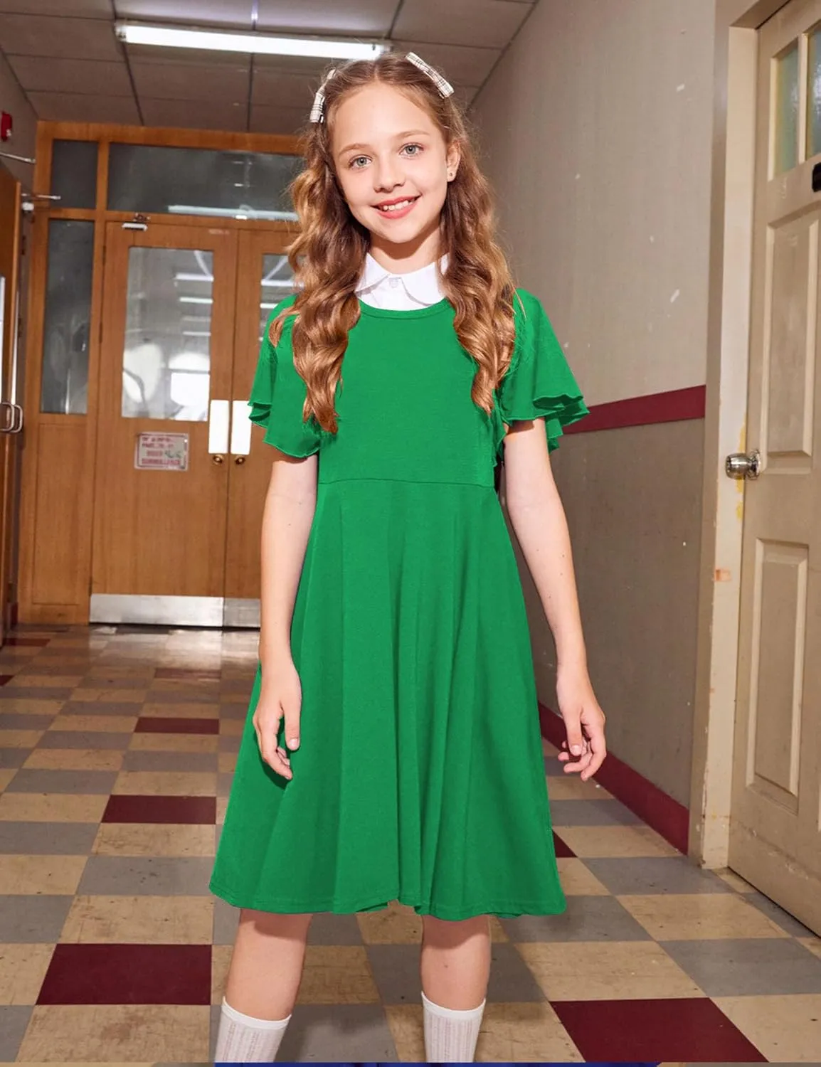 Arshiner Girl's Summer Dresses Ruffle Short Sleeve Swing Flowy Midi Casual Sundress with Pockets