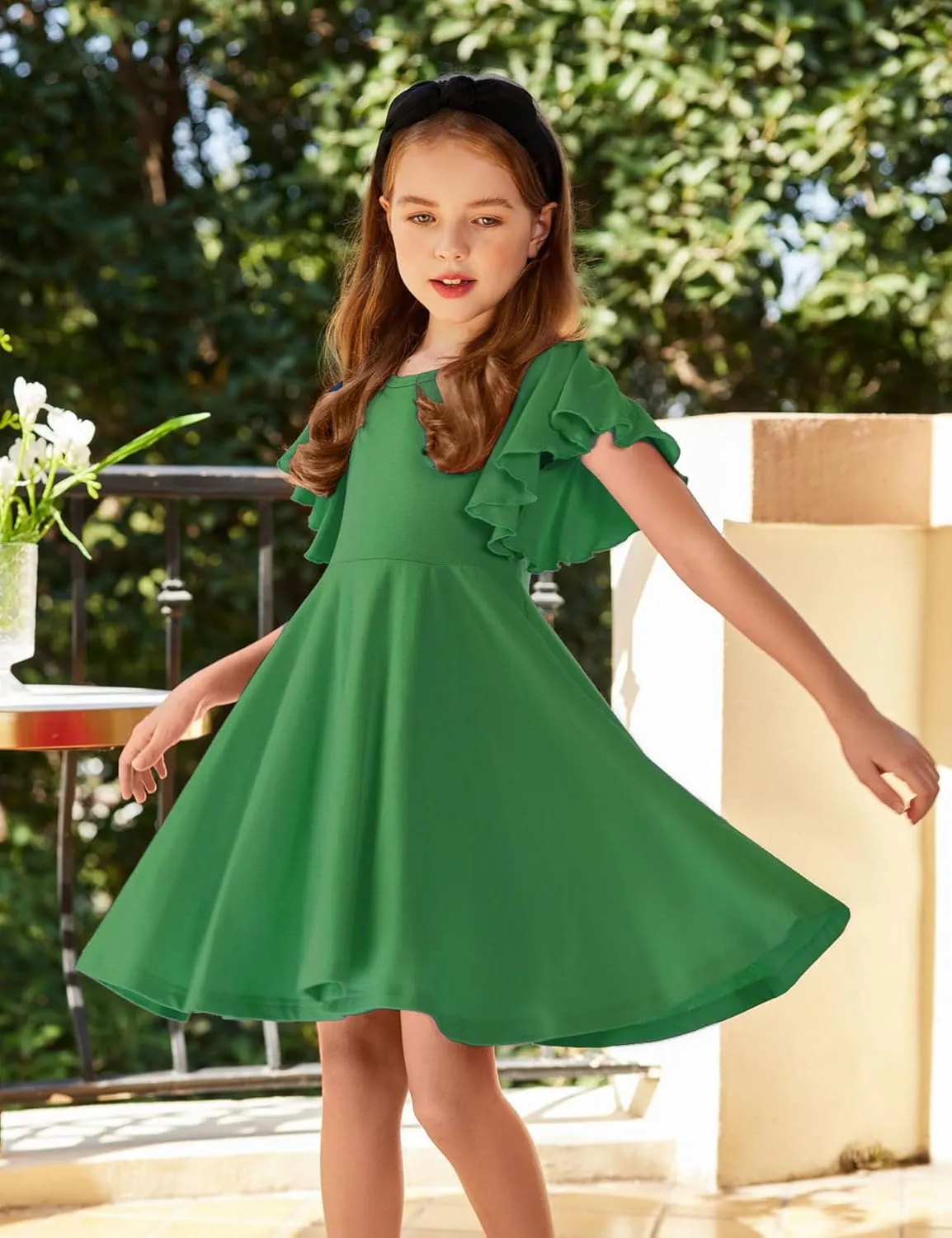 Arshiner Girl's Summer Dresses Ruffle Short Sleeve Swing Flowy Midi Casual Sundress with Pockets