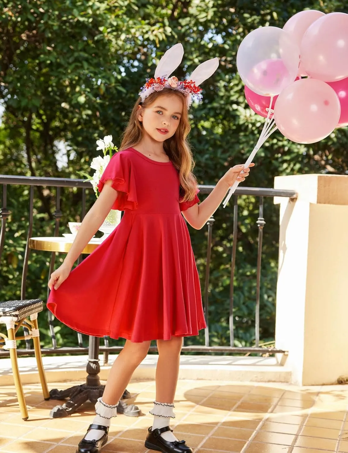 Arshiner Girl's Summer Dresses Ruffle Short Sleeve Swing Flowy Midi Casual Sundress with Pockets