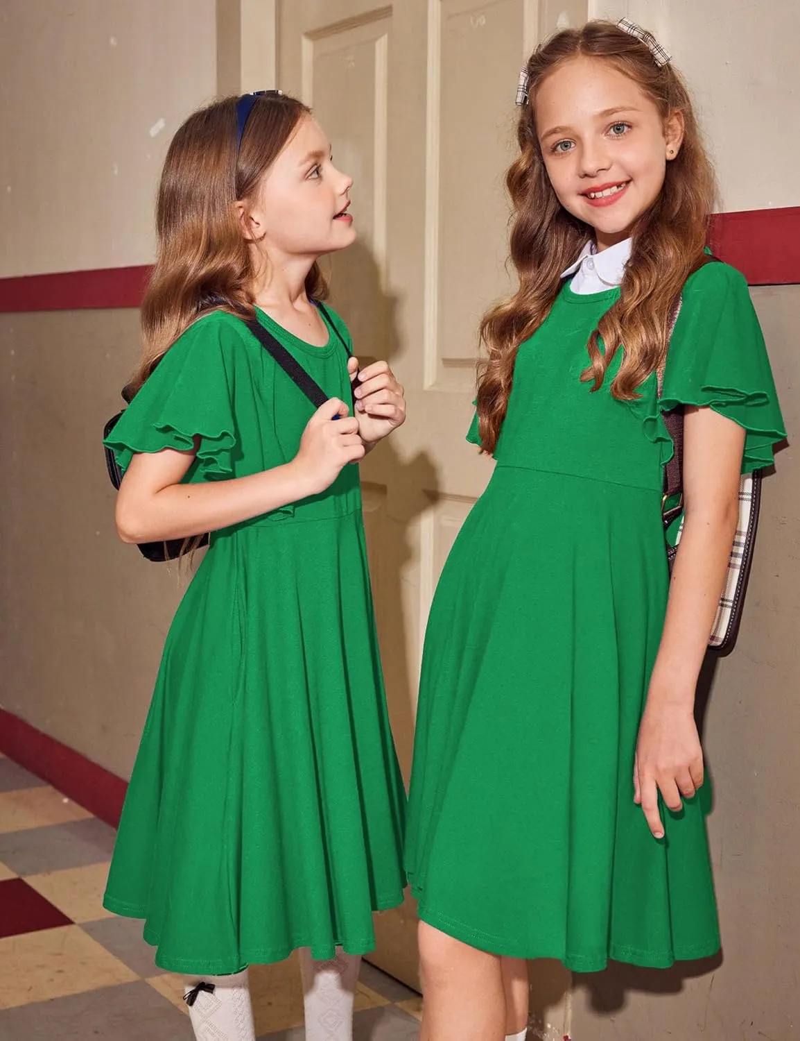 Arshiner Girl's Summer Dresses Ruffle Short Sleeve Swing Flowy Midi Casual Sundress with Pockets
