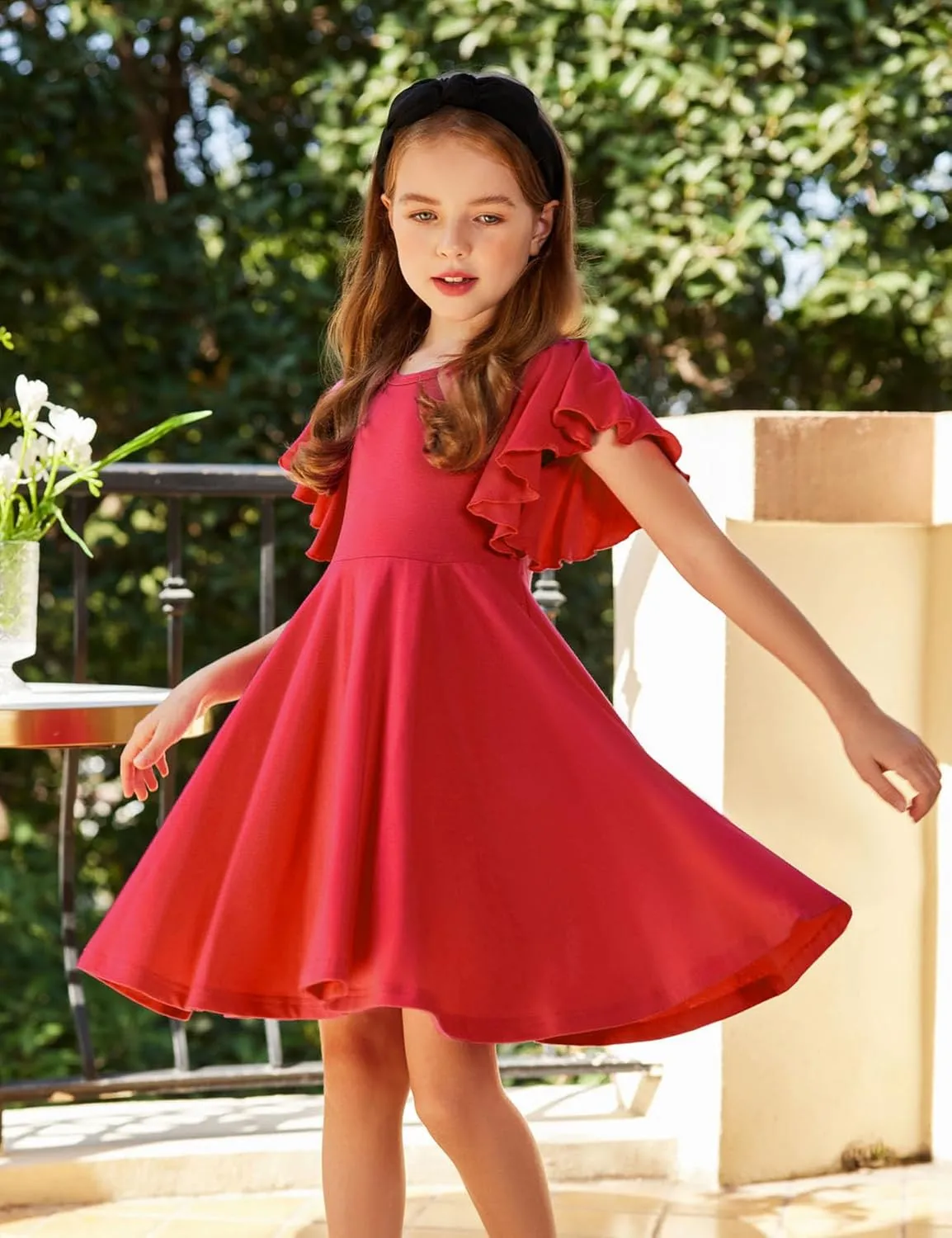 Arshiner Girl's Summer Dresses Ruffle Short Sleeve Swing Flowy Midi Casual Sundress with Pockets