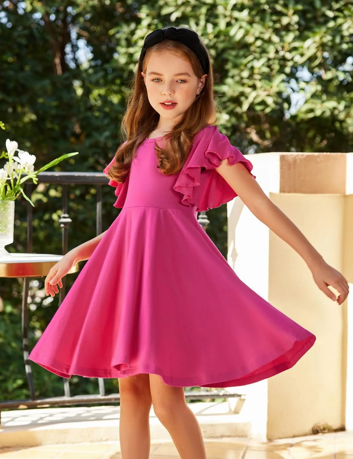 Arshiner Girl's Summer Dresses Ruffle Short Sleeve Swing Flowy Midi Casual Sundress with Pockets
