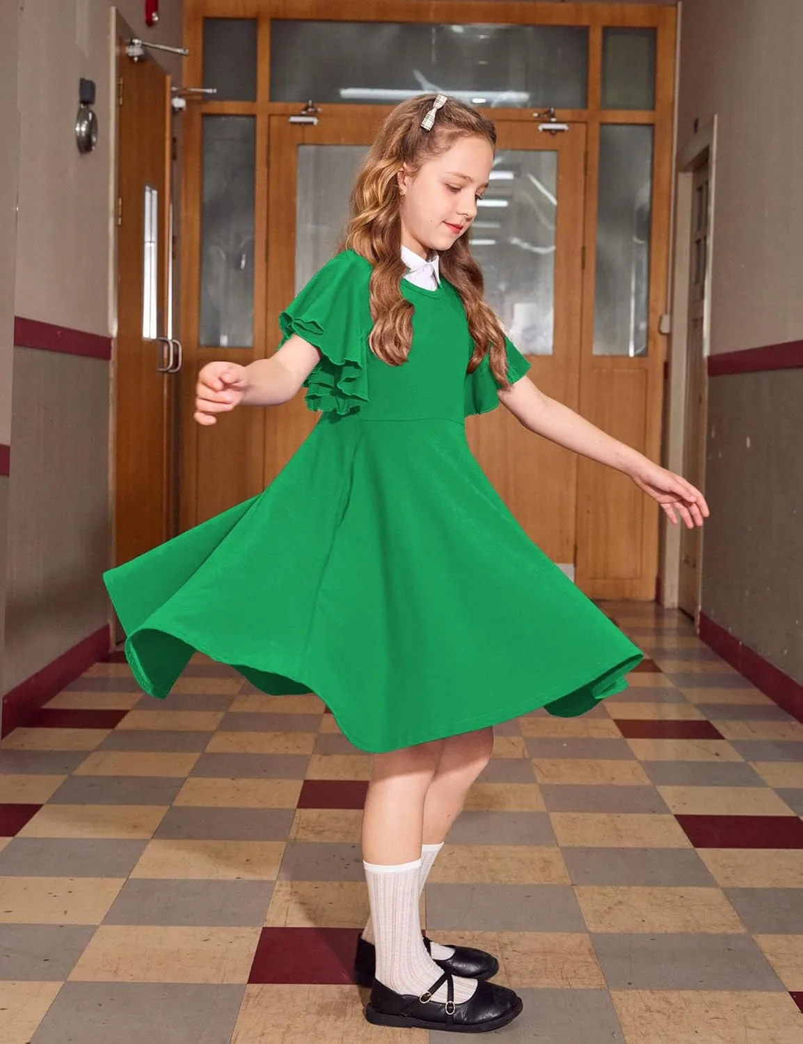 Arshiner Girl's Summer Dresses Ruffle Short Sleeve Swing Flowy Midi Casual Sundress with Pockets